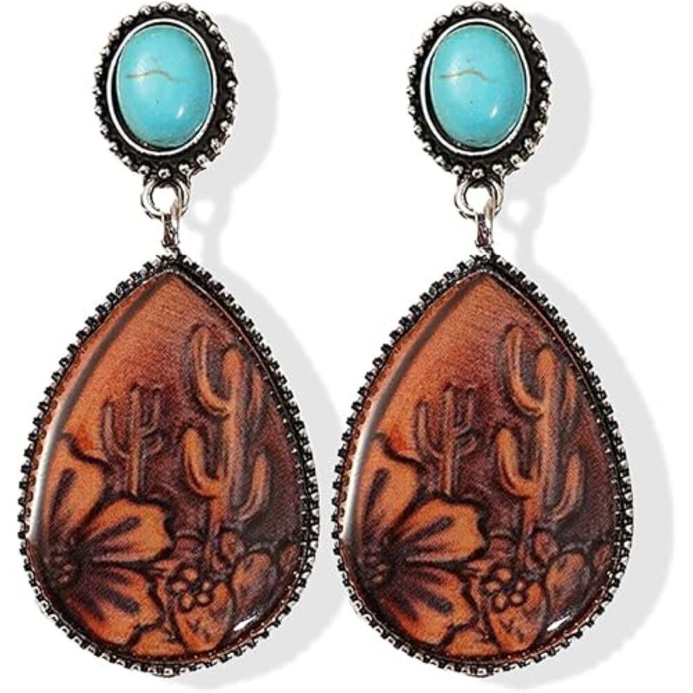 Western Earrings for Women Oval Silver Dangle Turquoise Jewelry Country Outfit
